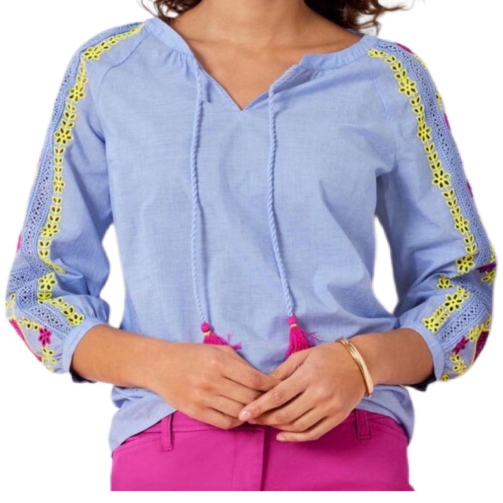 Talbots Size Small Blue Embroidered Sleeve Popover Blouse Tunic